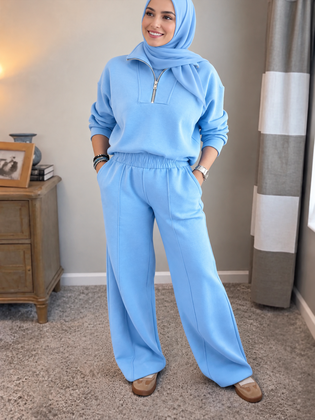 Women's Quarter-Zip Tracksuit Set – Wide-Leg Trousers