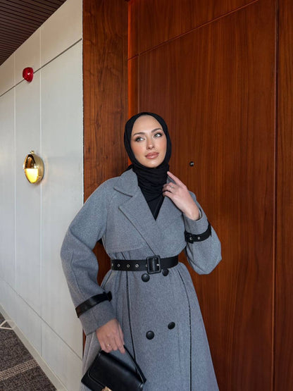 long coat, Brown leather belted.