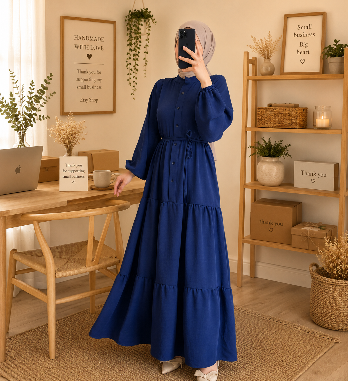 Modest Maxi Dress for Women | Long Sleeve Tiered Abaya Dress | Loose Fit Muslim Dress | Casual Elegant Maxi Gown