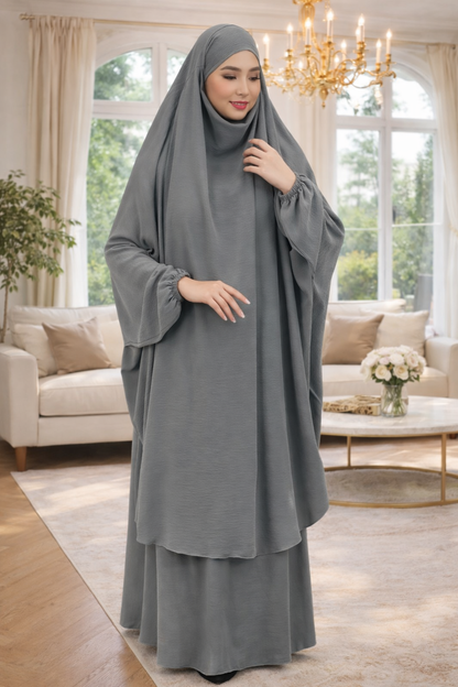 Elegant One-Piece Jilbab Set – Dark Gray and Brown