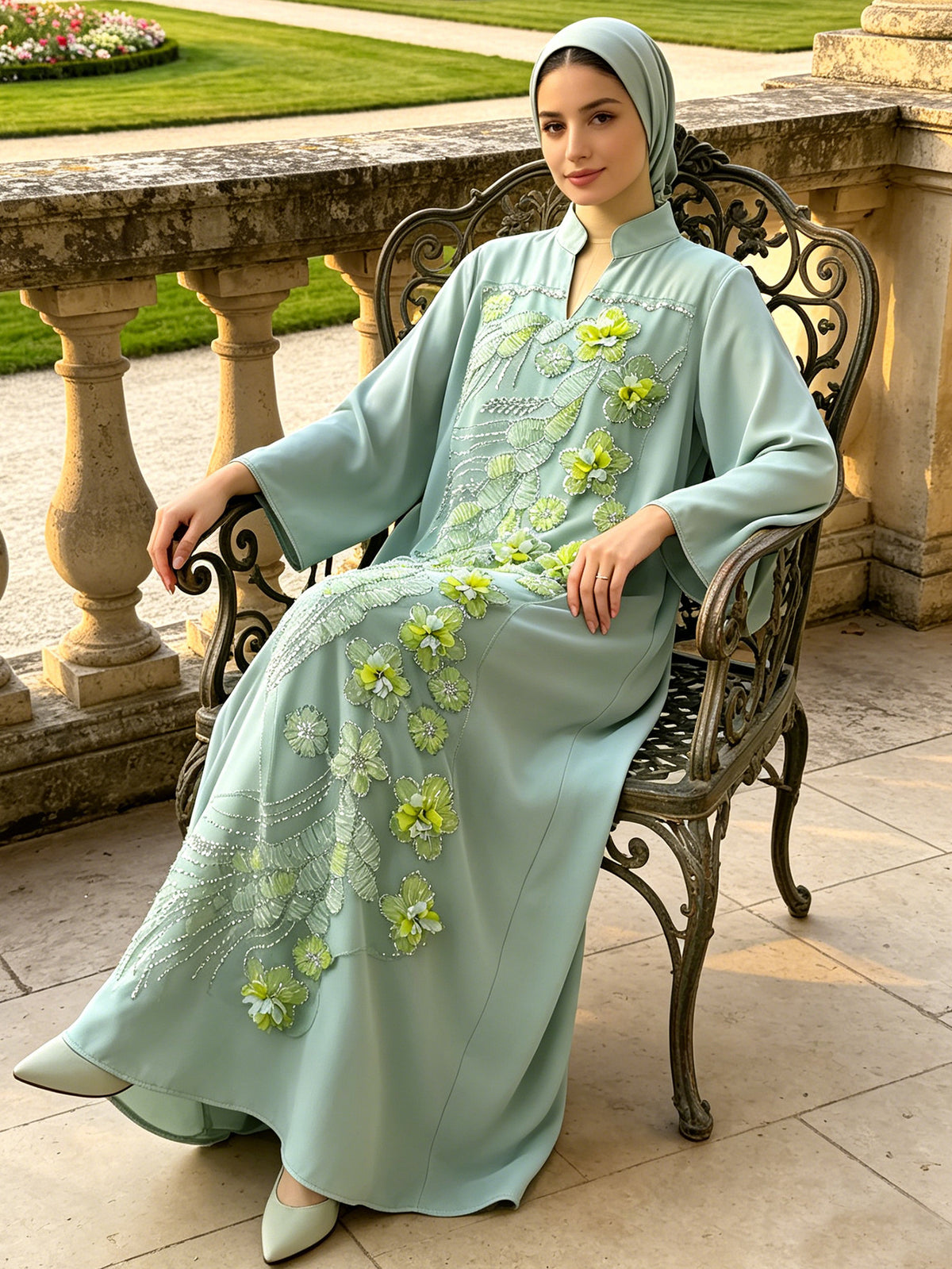 Abaya Mint Green Floral Embroidered Abaya
