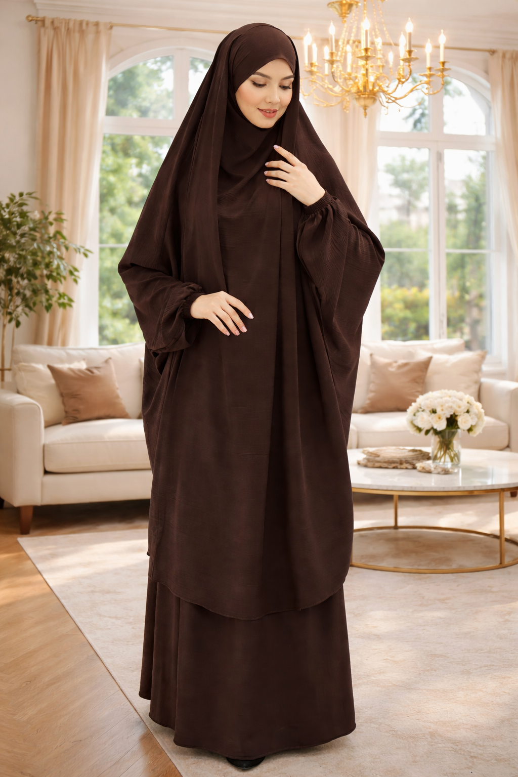 Elegant One-Piece Jilbab Set – Dark Gray and Brown