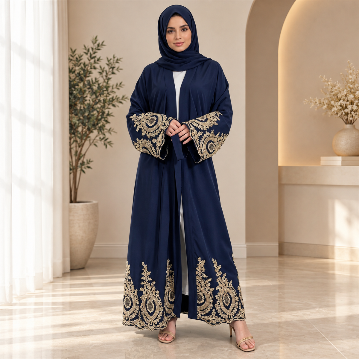 Black Abaya with Gold Embroidery | Elegant Modest Abaya with Hijab