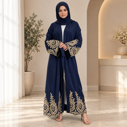 Black Abaya with Gold Embroidery | Elegant Modest Abaya with Hijab