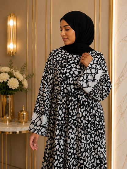 Elegant Black & White Printed Modest Maxi Dress | Luxury Islamic Wear