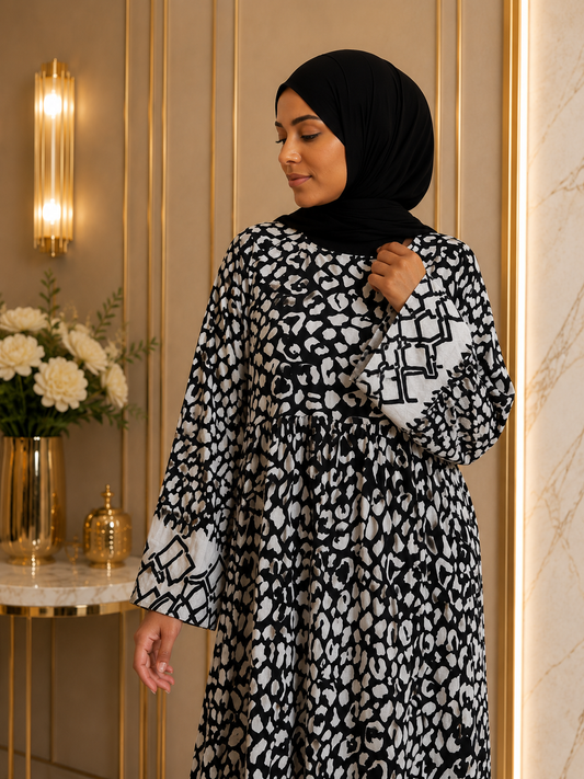 Elegant Black & White Printed Modest Maxi Dress | Luxury Islamic Wear