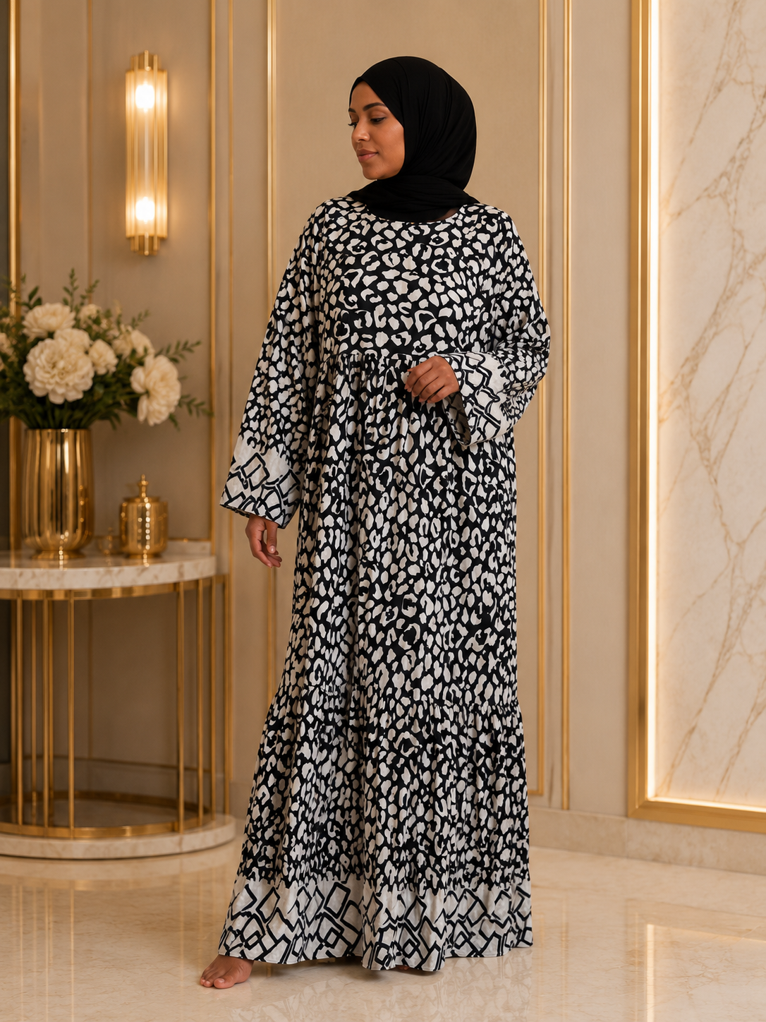 Elegant Black & White Printed Modest Maxi Dress | Luxury Islamic Wear