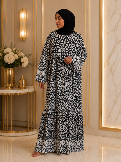 Elegant Black & White Printed Modest Maxi Dress | Luxury Islamic Wear