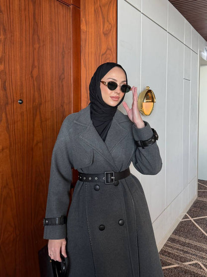 long coat, Brown leather belted.