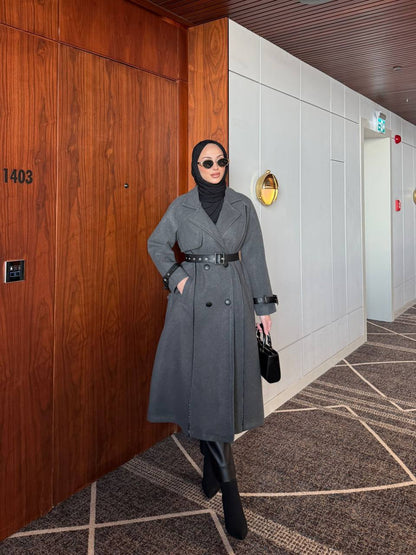 long coat, Brown leather belted.