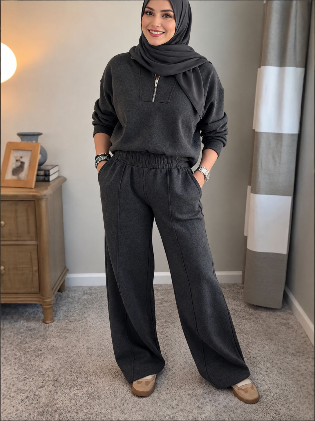 Women's Quarter-Zip Tracksuit Set – Wide-Leg Trousers
