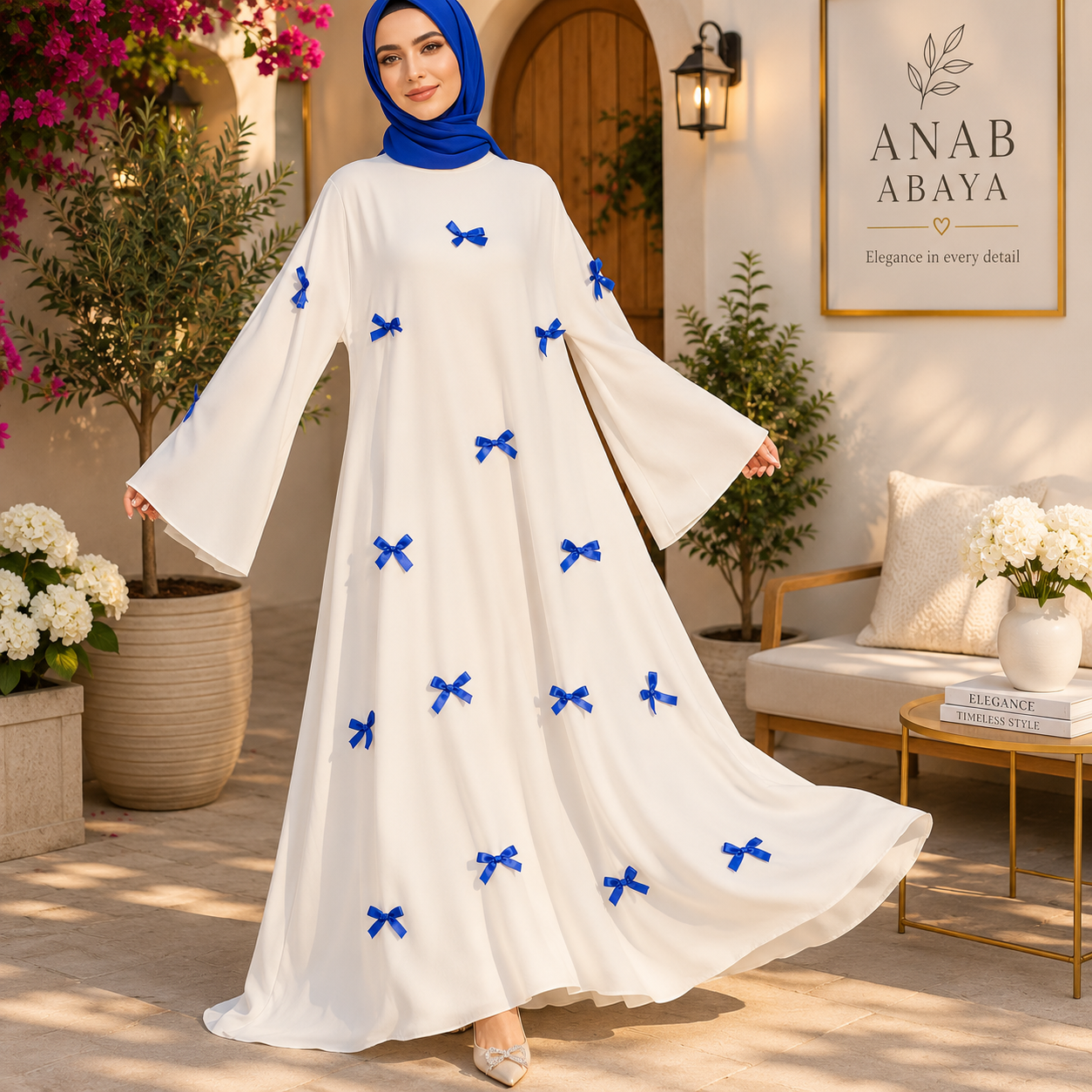 Abaya with Royal Blue Bow Details | Modest Maxi Dress | Flared Sleeve Abaya | Islamic Clothing for Women | Eid & Special Occas