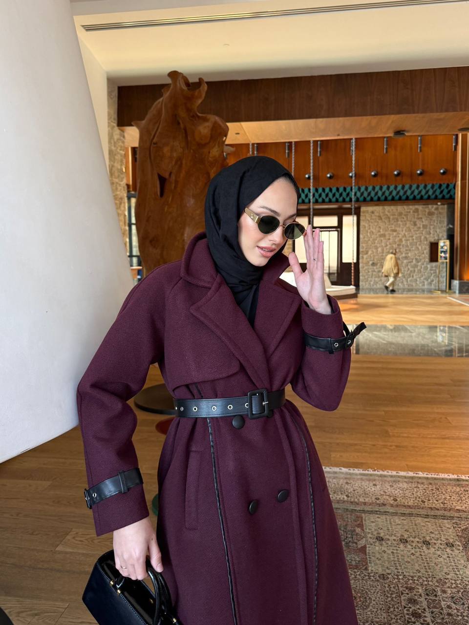 long coat, Brown leather belted.