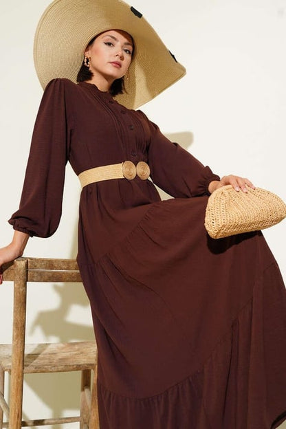 Half Pleated Buttoned Dress Brown