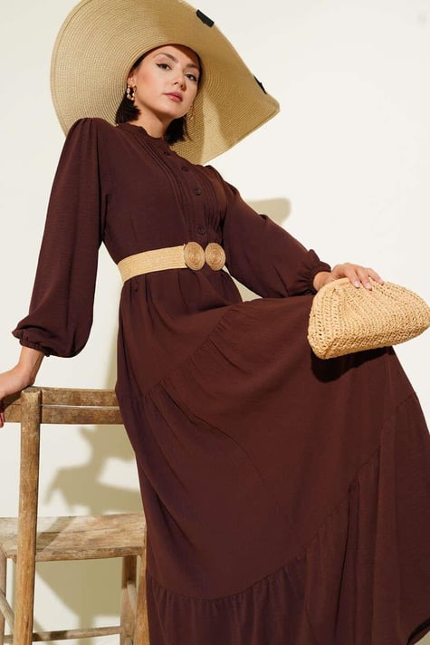 Half Pleated Buttoned Dress Brown